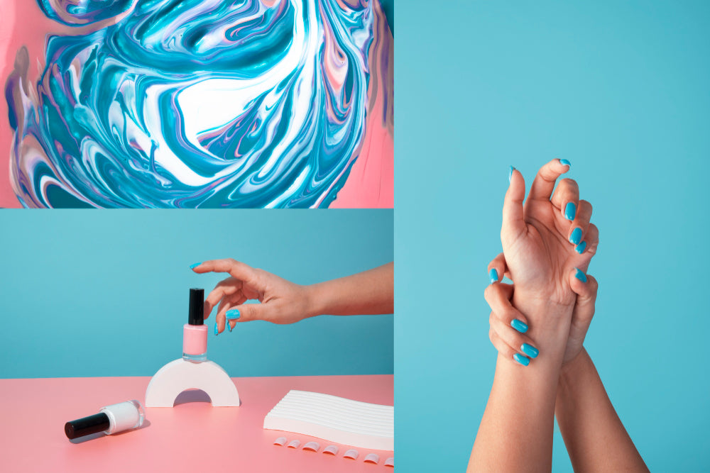 un collage con tres imágenes sobre esmaltes de uñas, uno: un esmalte gelish, dos: dos barnices pastel rosa y balnco y tres: una manos con las uñas pintadas de azul cielo