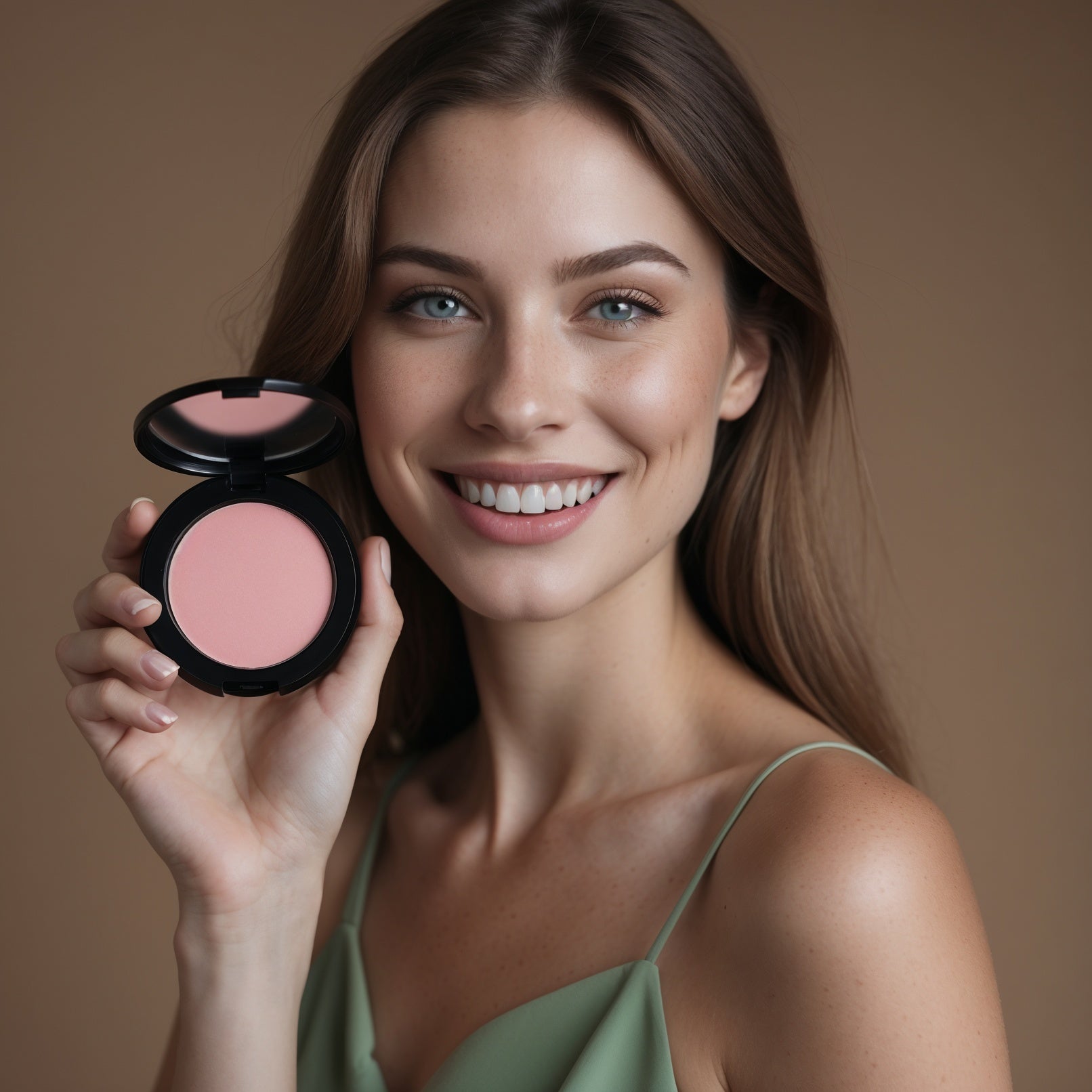 Una chica OPB mostrando su base en polvo como su amiga ideal para su día a día