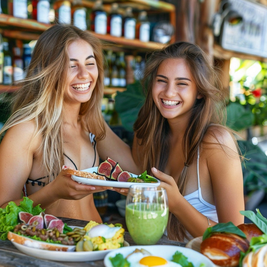 Dos chicas comiendo nutritivo y saludable para nutrir su cabello comiendo