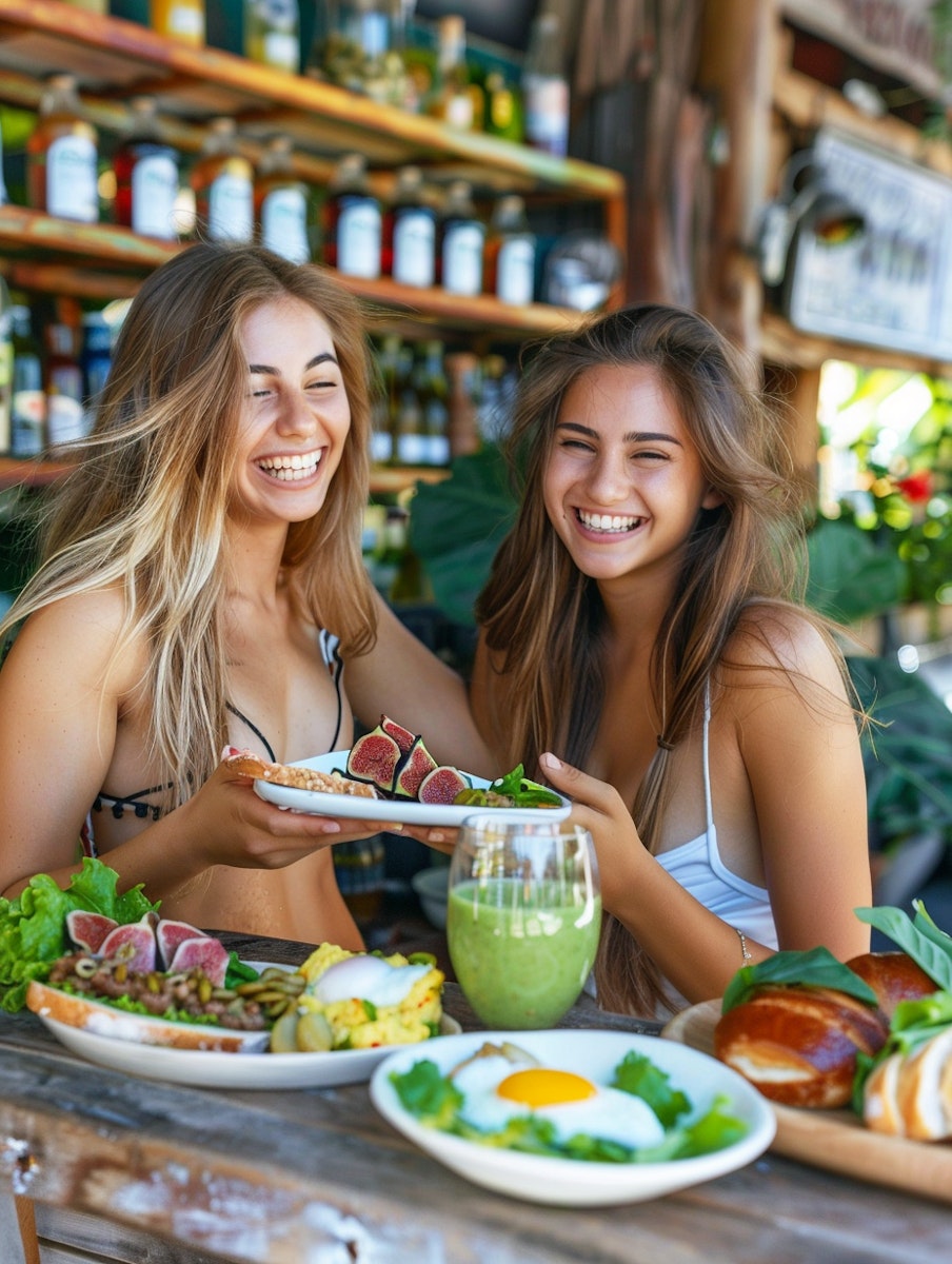 Dos chicas comiendo nutritivo y saludable para nutrir su cabello comiendo