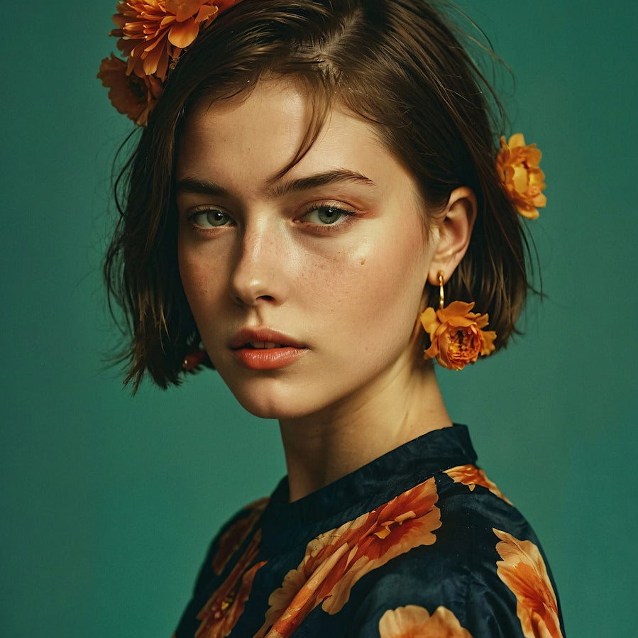 Una mujer con flores mostrando los peligros del amoniaco para el cabello y otras opciones
