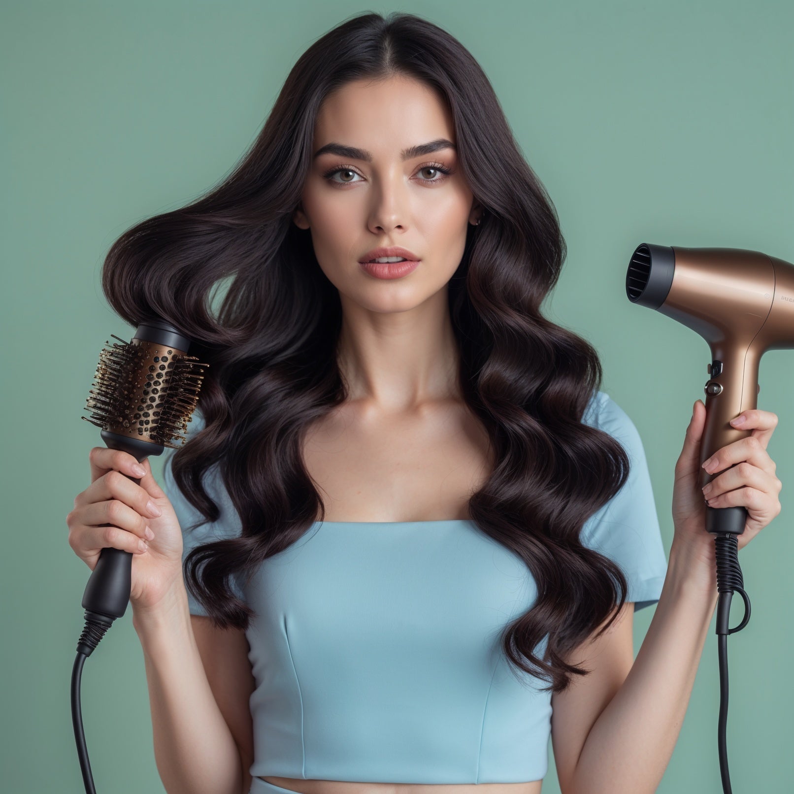 una chica OPB mostrando cómo su protector de calor para su cabello lo deja hermoso