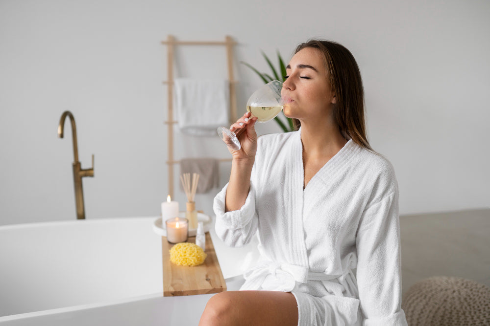 una mujer joven tomando una copa de vino en su bata de baño mientras disfruta de una sesión de aromaterapia 