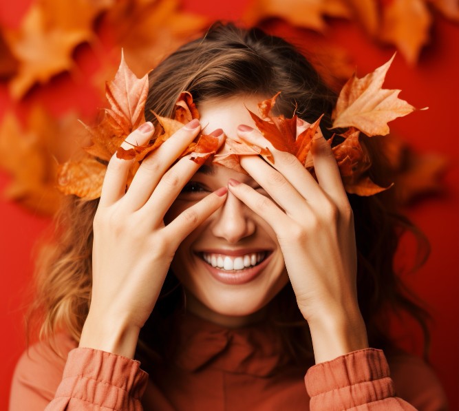 chica modelando sus uñas de otoño con tono mate café claro