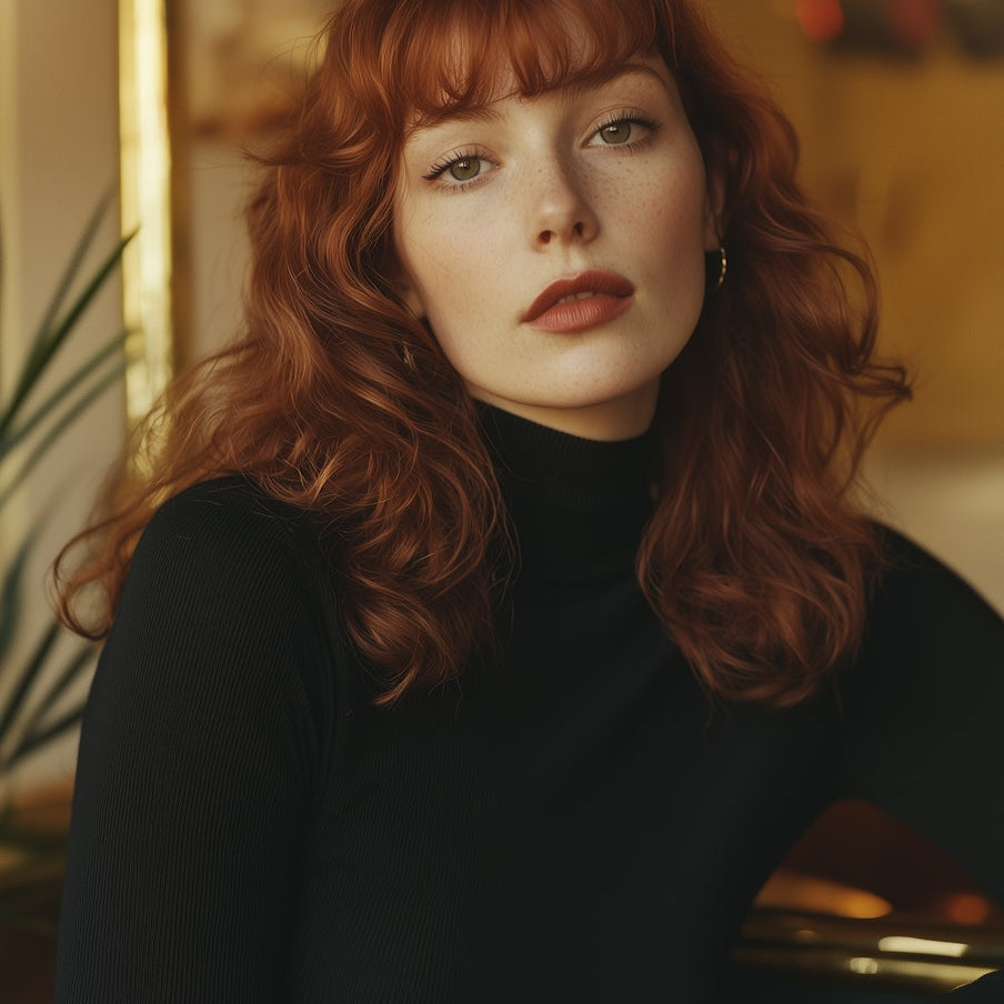 una chica mostrando su tinte de cabello rojo con un nuevo color nuevo look