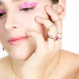 Anillo Dorado Zirconia Cuadro Rosa