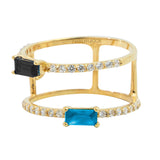 Anillo Dorado Doble Zirconia Azul y Negro